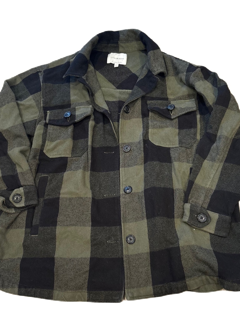 Lucky Brand Overcoat Men's Green Plaid Flannel Button Heavyweight Large Collared